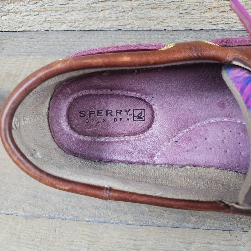 Sperry Topsider Brown Leather purple plaid Women's Boat Deck Shoes - Picture 13 of 14